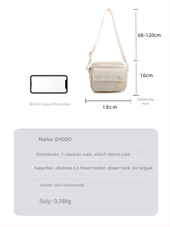 Női Oxford anyagból készült telefon-táska, crossbody, mini négyzet alakú, cipzáras nyitás, állítható vállpánt