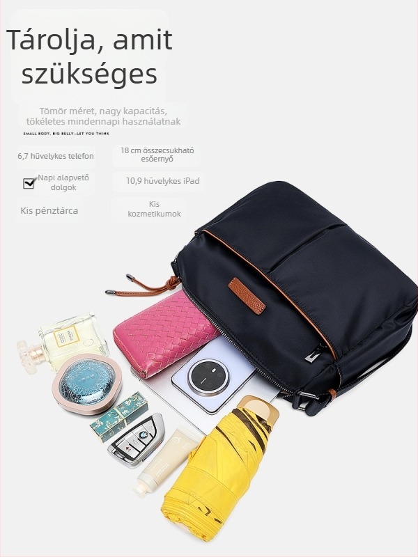 Női Oxford vászon válltáska cipzárral, poliészter bélés, horizontális négyszögletes forma, belső zsebek cipzárral, telefon és dokumentumok