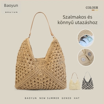 Baoyun szőtt szalmaszálból készült bucket bag stílusú válltáska mágneszáras záródással, poliészter bélés, cipzáras zseb és telefontartó zseb