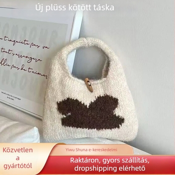 Plüss kötött gyapjú kézitáska, városi egyszerű stílus, telefontartó zseb, szalma bélés, nyitott zseb