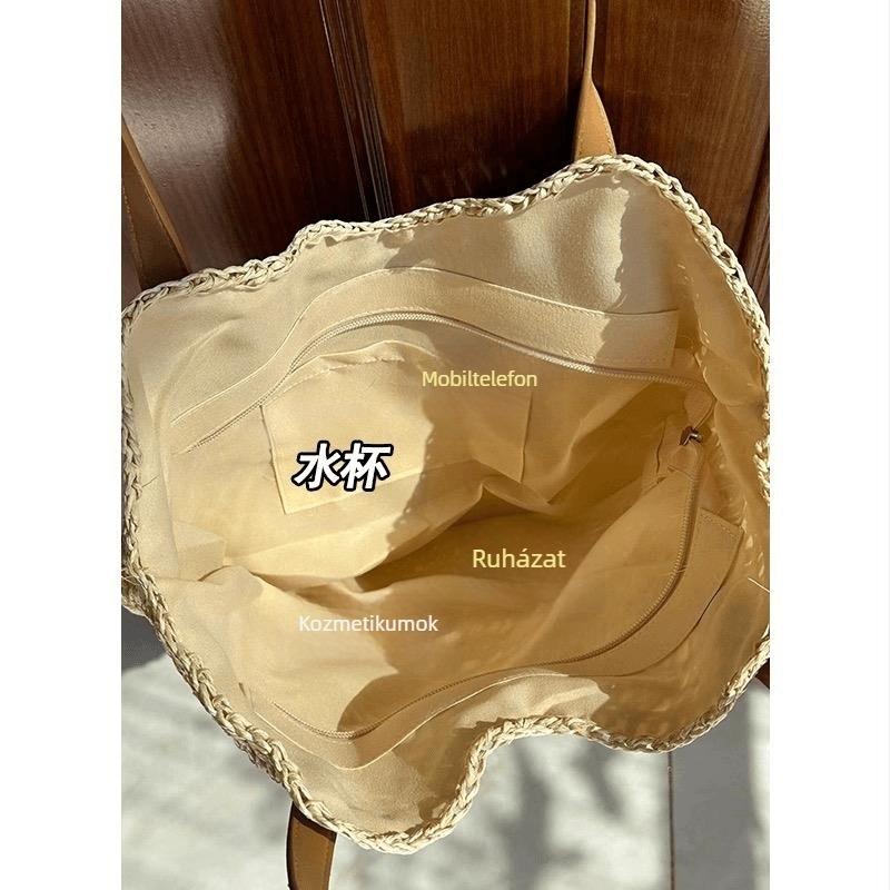 Női szalma tote táska, városi minimalist stílus, cipzáras záródás, poliészter bélés, vízszintes négyzet alakú forma, dupla vállpánt, nyár 2024