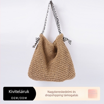 Kézzel szőtt szalma Tote táska, nagy kapacitású, vállon viselhető, strandos kivágásokkal, horizontális négyzet alakú forma, belső zseb a telefon számára, városi minimalist stílus, 2025 nyár