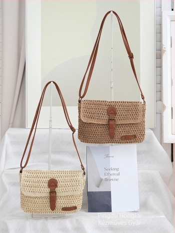 Női szalma fonott crossbody táska, horizontális négyszög alakú, cipzáras zárás, egy vállpánttal, mindennapi használatra