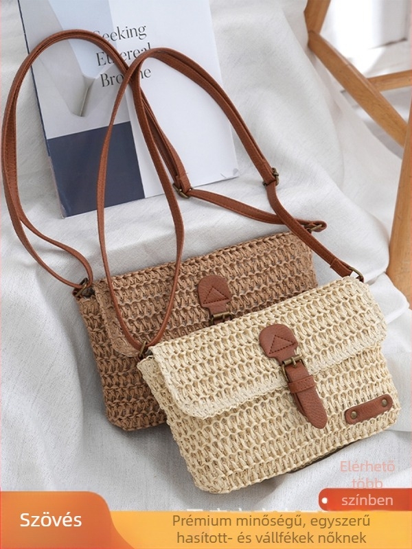 Női szalma fonott crossbody táska, horizontális négyszög alakú, cipzáras zárás, egy vállpánttal, mindennapi használatra