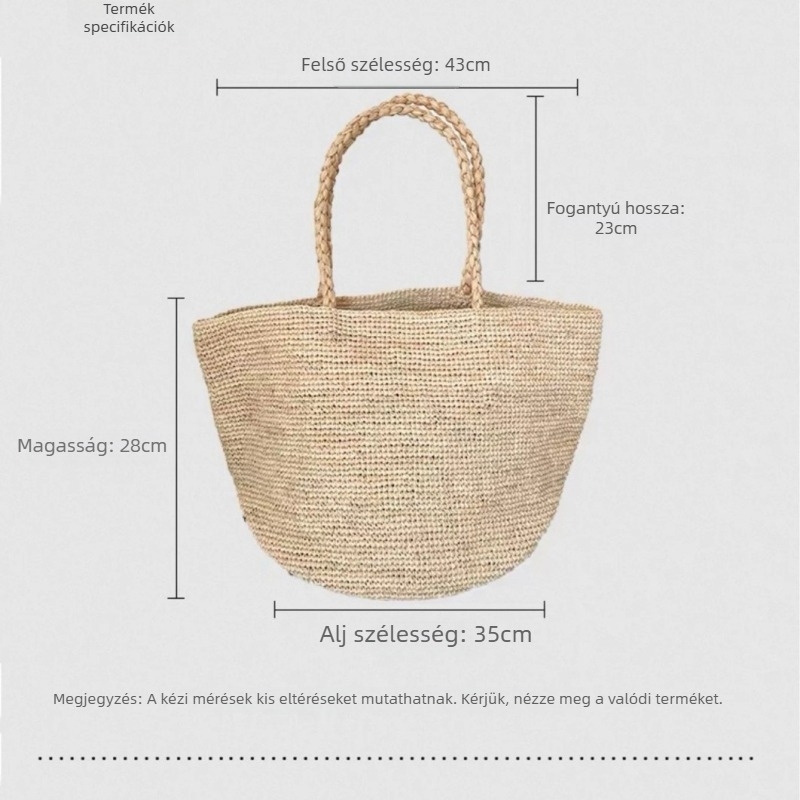 Raffia szőtt tote táska, casual utazáshoz, dupla vállpánttal, bélés nélkül