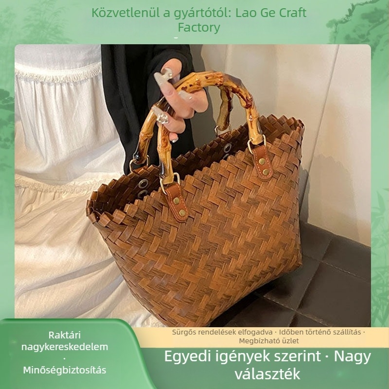 Nagy kapacitású imitált rattan-szalma táska, kézzel szőtt, rattan kézitáska, bambusz piknik táska, szuvenír zöldségkosár
