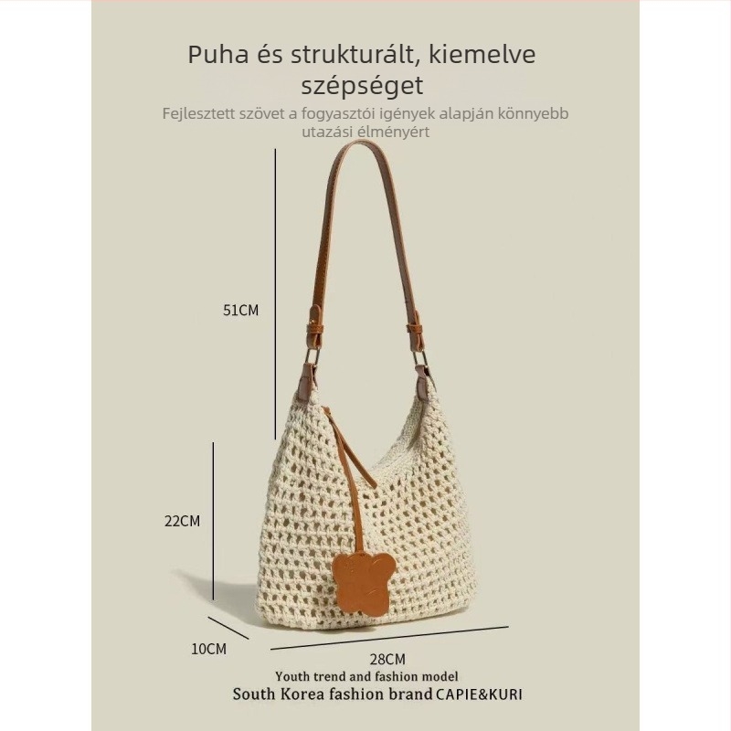 Női szövött tote táska, poliészterből, pamuttal bélelt, cipzár, szabadidős utazáshoz