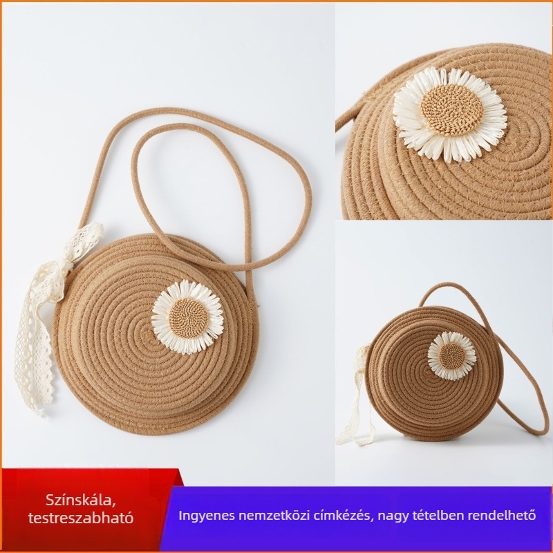 Szalmából készült, kézzel szőtt crossbody táska, kerek formájú, pamut bélés, belső telefonzseb, városi egyszerű stílus