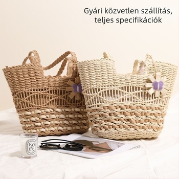 Nagy kapacitású bambusz tote táska, strandra és tengerparti nyaralásokhoz, rattan vödör táska, szövött szalma anyagból