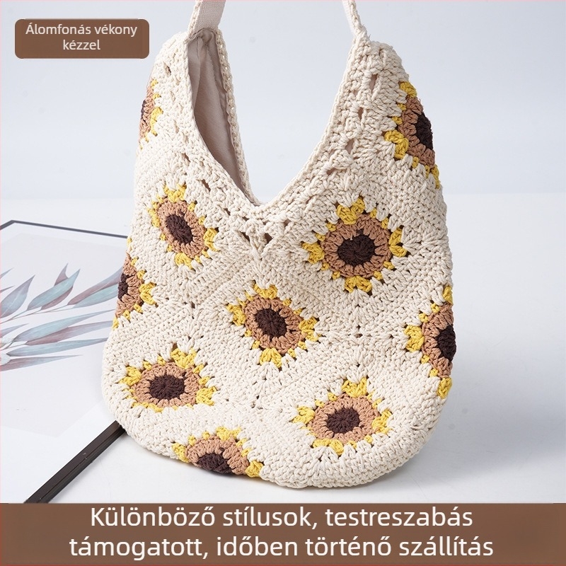 Napraforgó alakú horgolt strandtáska, koreai stílusú kézitáska nőknek