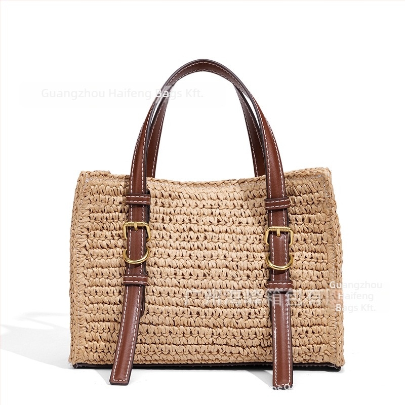 PP szalma anyagú strand táska nyaraláshoz, horizontális négyzet alakú forma, mágneses csat, belső zseb a mobiltelefon számára, poliészter bélés.