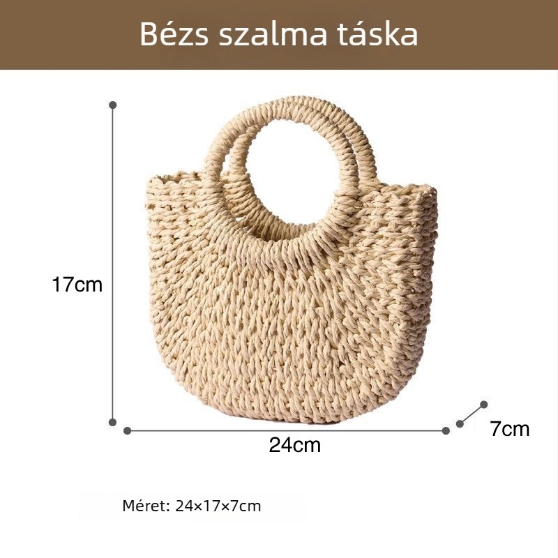 Kézzel szövött, két színű papírszálból készült táska, hétköznapi vállon hordható, strandtáska félkör alakú szalma szövésű mintával