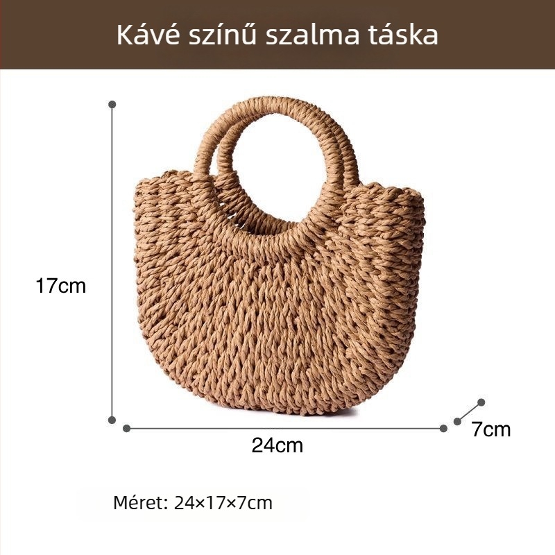 Kézzel szövött, két színű papírszálból készült táska, hétköznapi vállon hordható, strandtáska félkör alakú szalma szövésű mintával
