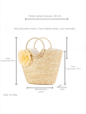 Női kézzel szőtt táska búzaszalmából, rattan fogantyúval, cipzár, ovális forma, poliészter–pamut bélés