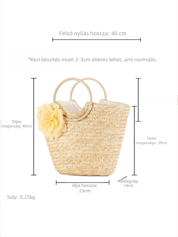 Női kézzel szőtt táska búzaszalmából, rattan fogantyúval, cipzár, ovális forma, poliészter–pamut bélés