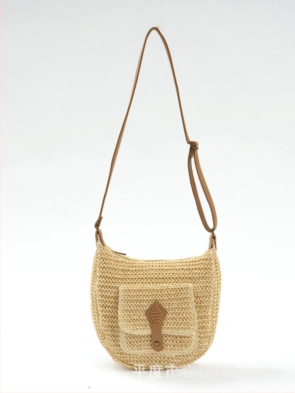 Szalma táska városi minimalista stílusban, vízszintes négyzet alakú forma, cipzáros nyitás, rejtett cipzáras zseb és mobiltelefon-zseb