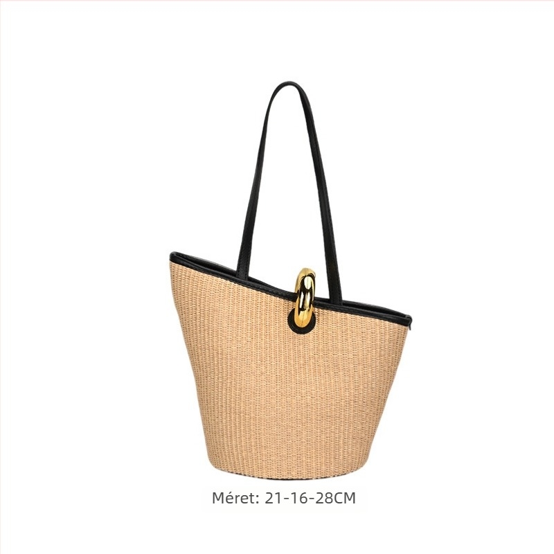 Válltáska tote-stílusban, városi egyszerűség, pamut és len anyagból, vödör alakú, záróval, belső zsebek a telefon és dokumentumok számára