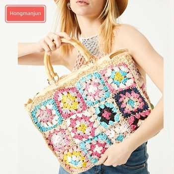 Kézzel szőtt papír Tote táska cipzáras és telefonzsebbel, nyitott felső, vízszintes négyszög alakú, poliészter bélés, retró stílus