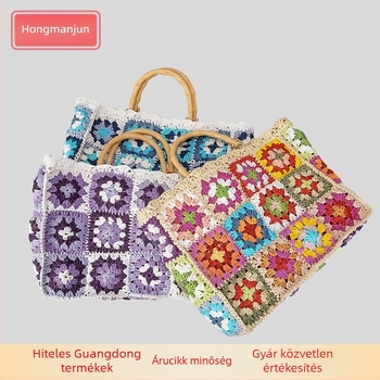 Kézzel szőtt papír Tote táska cipzáras és telefonzsebbel, nyitott felső, vízszintes négyszög alakú, poliészter bélés, retró stílus