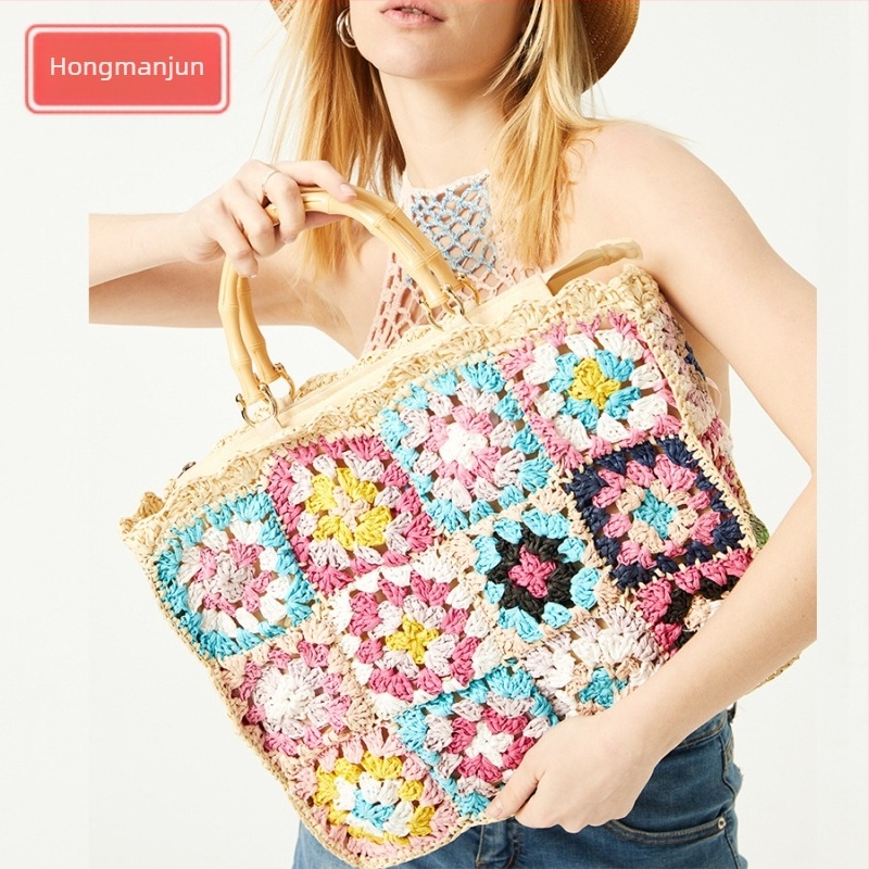 Kézzel szőtt papír Tote táska cipzáras és telefonzsebbel, nyitott felső, vízszintes négyszög alakú, poliészter bélés, retró stílus