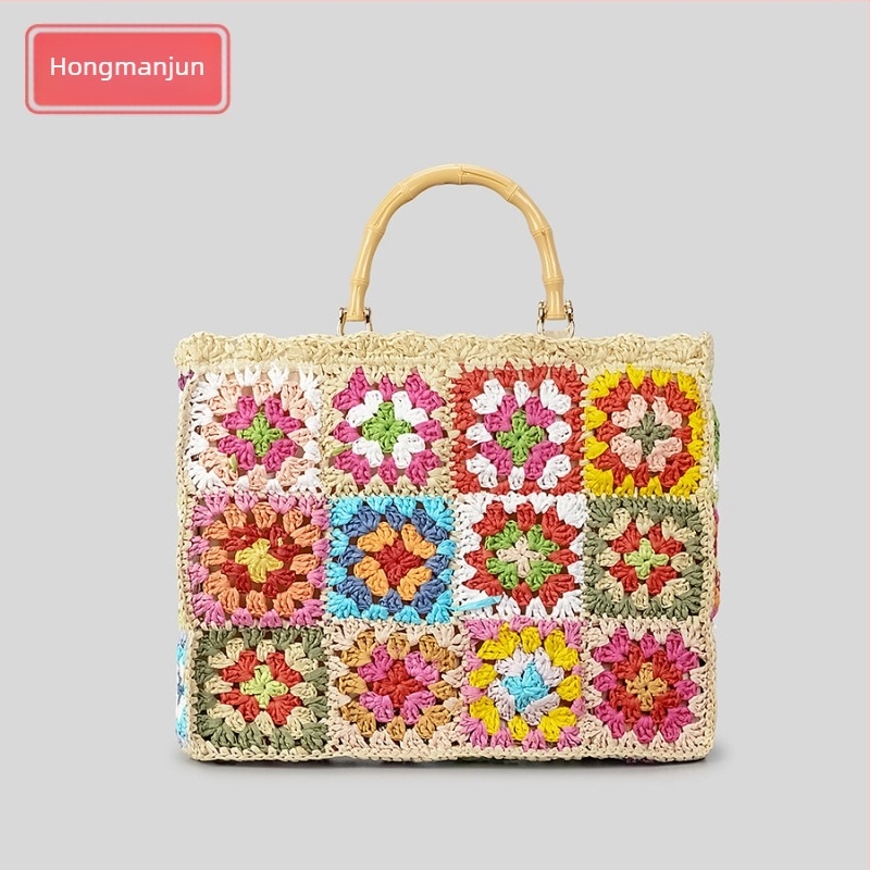 Kézzel szőtt papír Tote táska cipzáras és telefonzsebbel, nyitott felső, vízszintes négyszög alakú, poliészter bélés, retró stílus