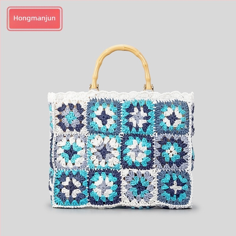 Kézzel szőtt papír Tote táska cipzáras és telefonzsebbel, nyitott felső, vízszintes négyszög alakú, poliészter bélés, retró stílus