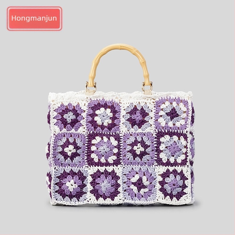 Kézzel szőtt papír Tote táska cipzáras és telefonzsebbel, nyitott felső, vízszintes négyszög alakú, poliészter bélés, retró stílus