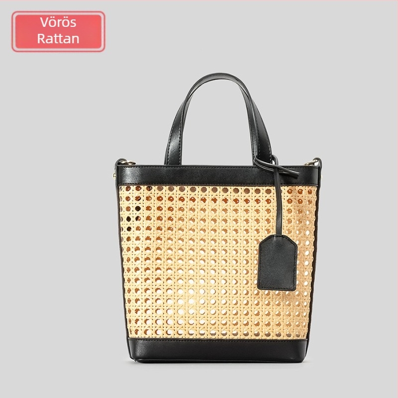 Női rattan fonott vödör alakú táska mindennapi használatra – belső cipzáras zsebbel és telefontartóval