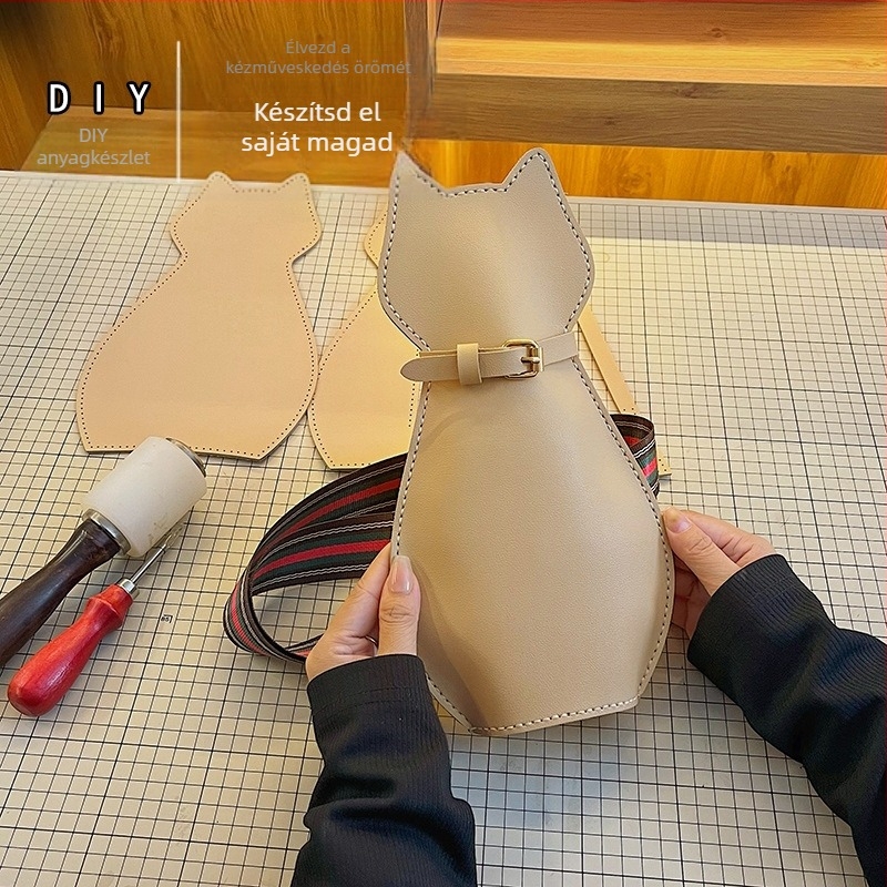 DIY macska motívum crossbody táska készlet — PU anyag, szövött textúra, függőleges négyszögletes forma, ID rekesz