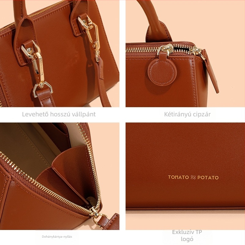 Valódi bőr női válltáska crossbody – vízszintes négyzet alakú forma, cipzáras nyitás, két réteg marhabőr, egy vállpánt, TOMATO&POTATO