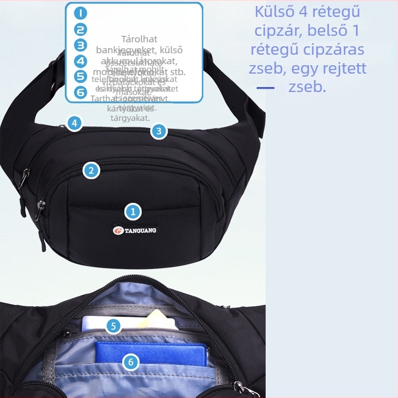 Uniszex deréktáska kültéri sportokhoz, crossbody stílus, nagy kapacitás, érmetartó zseb