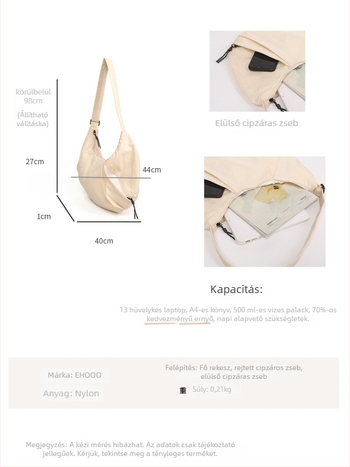 Keresztbody táska, uniszex, nylon anyagból, dumpling bag stílus, cipzáras nyitás, belső cipzáras zseb