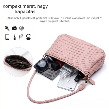 PU fonott női kézitáska cipzárral, nagy kapacitású, vízszintes négyzet alak, dupla vállpánt, belső cipzáras zseb és telefontartó zseb