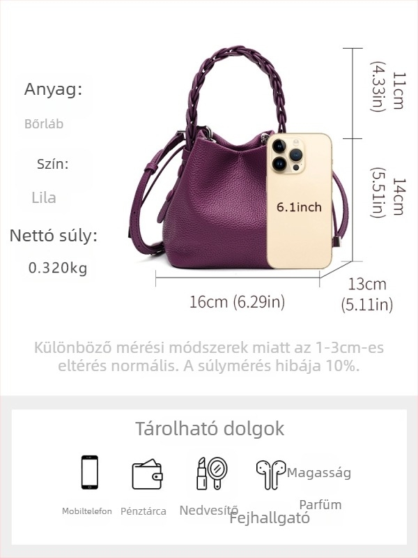 Első réteg marhabőrből készült vödröstáska, szövött textúra, vállon átívelő crossbody kivitel, húzózáras nyitás, belső cipzáras zseb, poliészter-pamut bélés, tavasz 2025