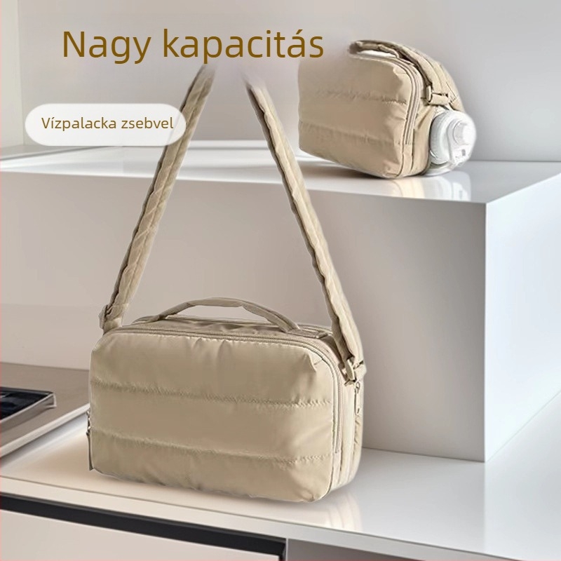 Nylon mini keresztbody kozmetikai táska cipzárral, városi minimalista stílus, függőleges négyzetes forma, belső laminált zseb, egypántos