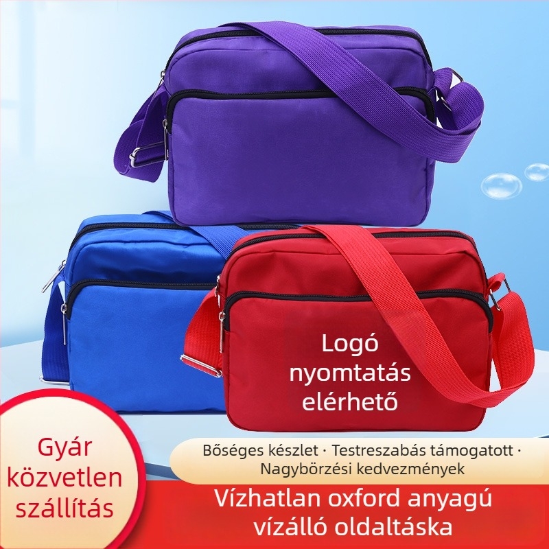 Oxford vászonból készült keresztpántos táska, vízszintes négyzet alakú, cipzáras nyitás, háromdimenziós külső