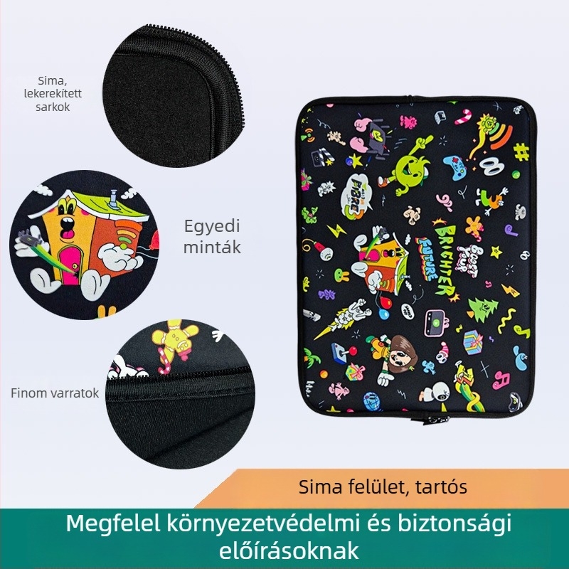 Laptop tok ütésálló diving anyagból, poliészter bélés, városi minimalist stílus, mintázat figurával, kompatibilis laptophoz és tablethez