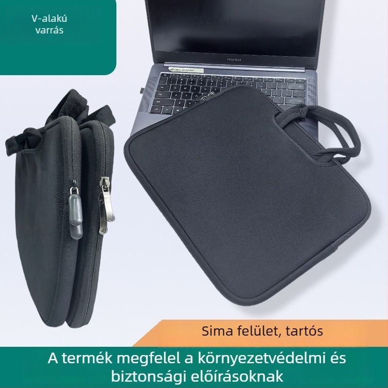 14–16 hüvelykes neopren laptoptok, ütésálló párnázással és cipzárral, tároló zseb iPadhez és tablethez