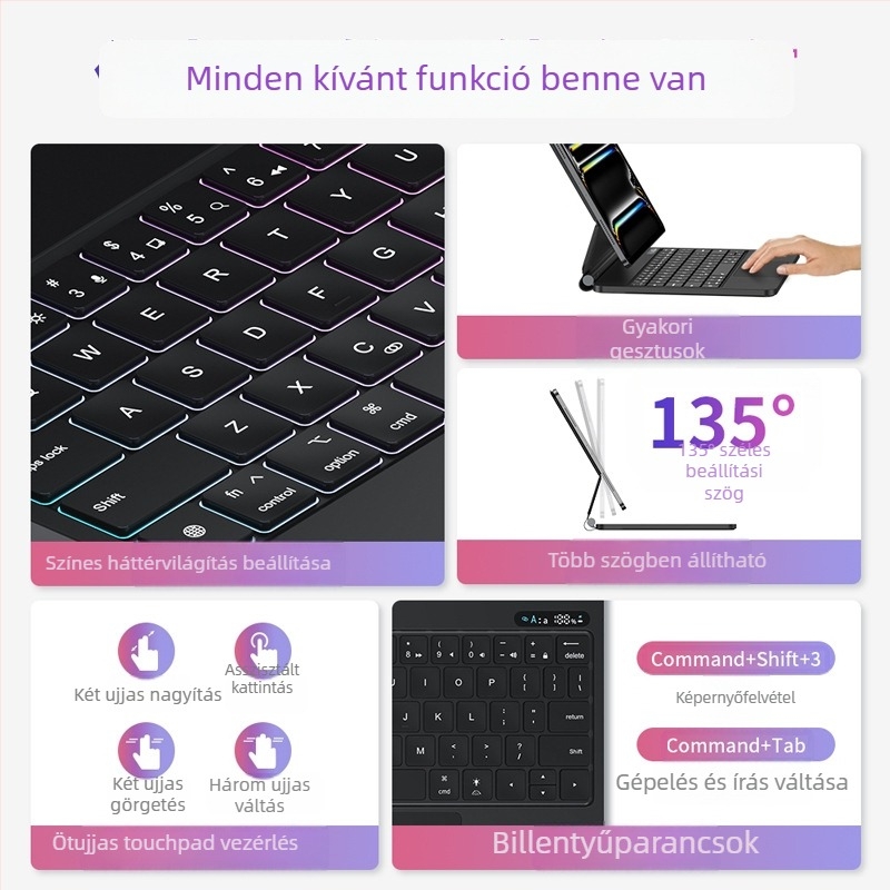 Bluetooth‑os háttérvilágítású billentyűzet mágneses lebegéssel iPad Air 4/5/6‑hoz – többérintés