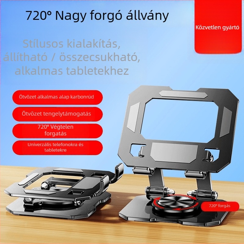 Fém tabletatartó 360°-os forgással, összecsukható asztali tartó iPhone, iPad és iPod touch készülékekhez