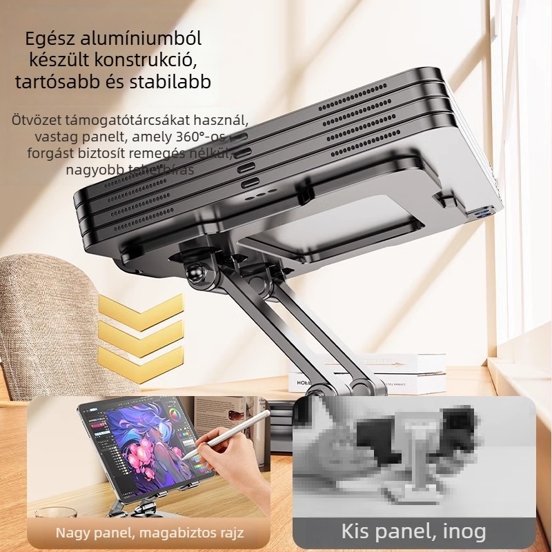 Fém tabletatartó 360°-os forgással, összecsukható asztali tartó iPhone, iPad és iPod touch készülékekhez