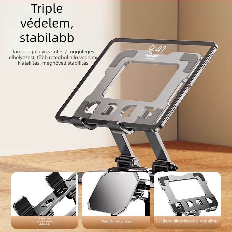Fém tabletatartó 360°-os forgással, összecsukható asztali tartó iPhone, iPad és iPod touch készülékekhez