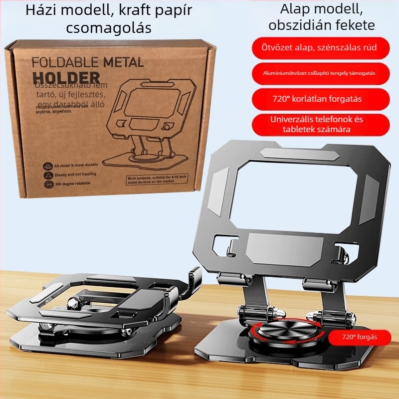 Fém tabletatartó 360°-os forgással, összecsukható asztali tartó iPhone, iPad és iPod touch készülékekhez