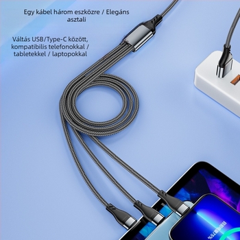 Xingkaisheng 3-in-1 szőtt USB töltőkábel Lightning, Micro USB és Type-C, 100W gyors töltés, TPE anyag