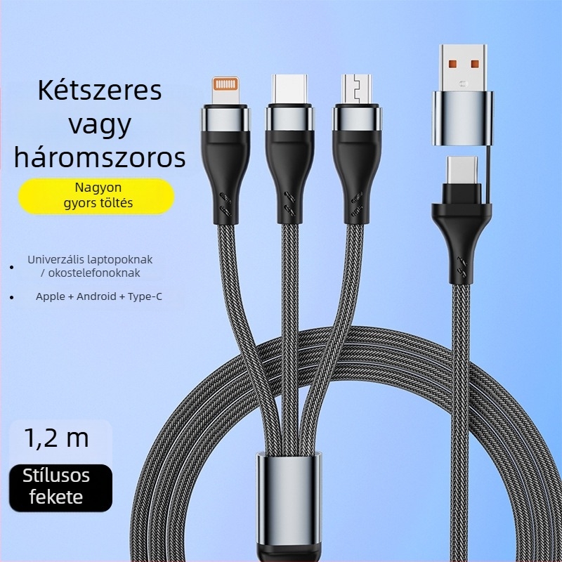 Xingkaisheng 3-in-1 szőtt USB töltőkábel Lightning, Micro USB és Type-C, 100W gyors töltés, TPE anyag