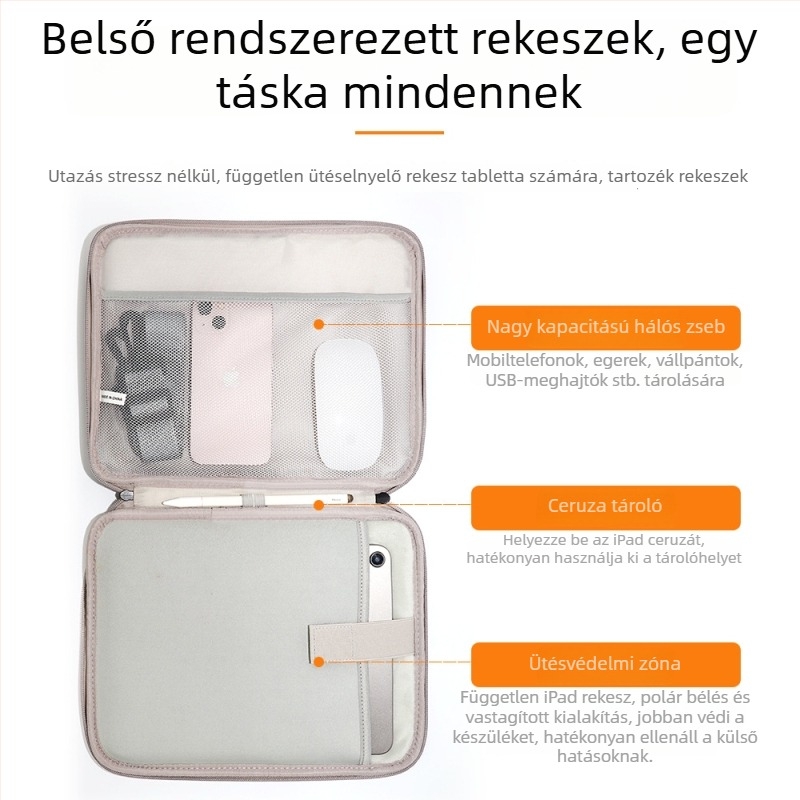 PU anyagú, nagy kapacitású tablet-táska, keresztpánttal és kézi fogantyúval, ütésálló és vízálló, hordozható