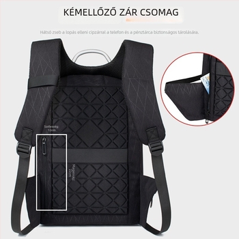Hátizsák lopás elleni védelemmel, légáteresztő, vízálló, kopásálló anyagból, USB töltőporttal; belső zsebek laptop/tablet/ID számára