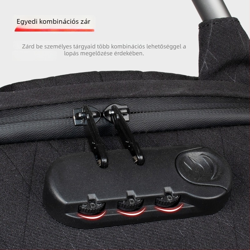 Hátizsák lopás elleni védelemmel, légáteresztő, vízálló, kopásálló anyagból, USB töltőporttal; belső zsebek laptop/tablet/ID számára