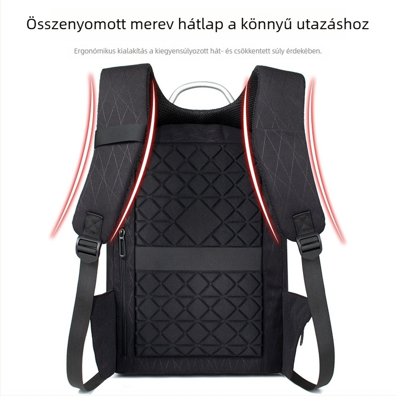 Hátizsák lopás elleni védelemmel, légáteresztő, vízálló, kopásálló anyagból, USB töltőporttal; belső zsebek laptop/tablet/ID számára