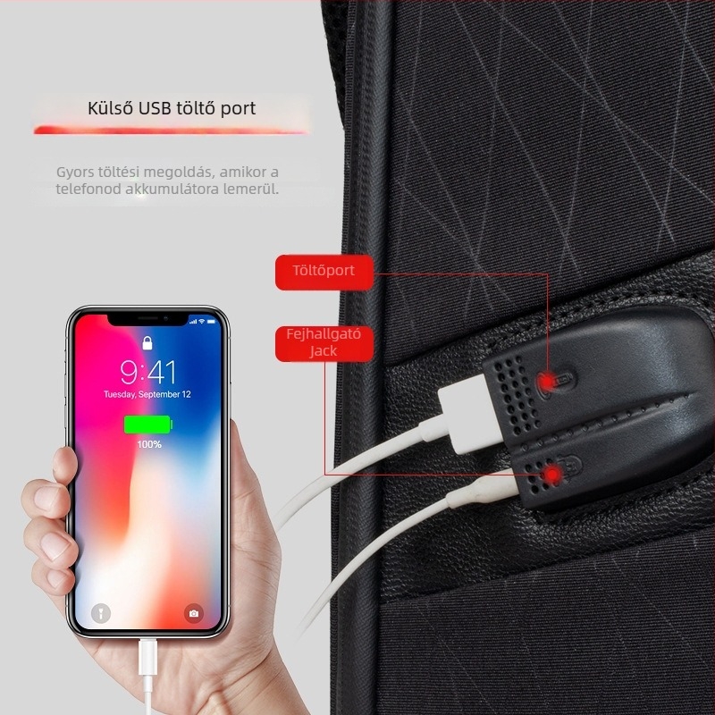 Hátizsák lopás elleni védelemmel, légáteresztő, vízálló, kopásálló anyagból, USB töltőporttal; belső zsebek laptop/tablet/ID számára